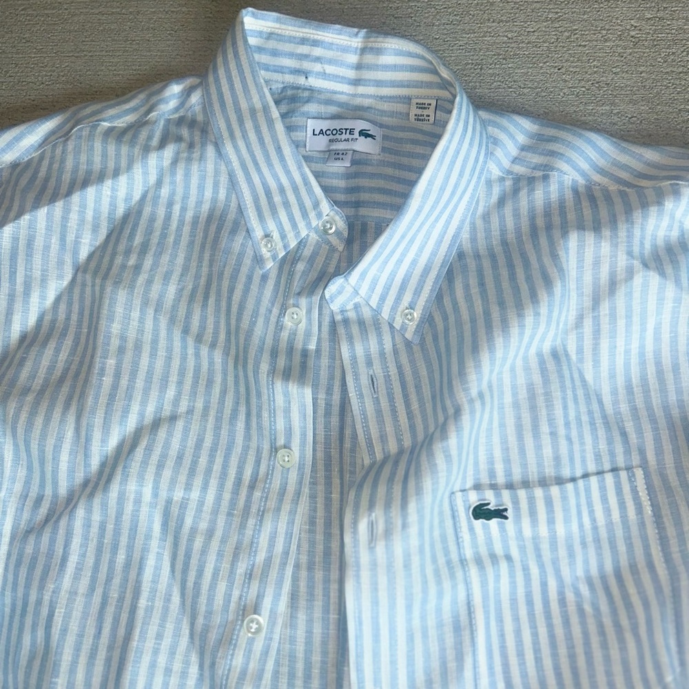 SOLD OFFLINE- Lacoste Linen Button Down Dress Shirt with Stripes